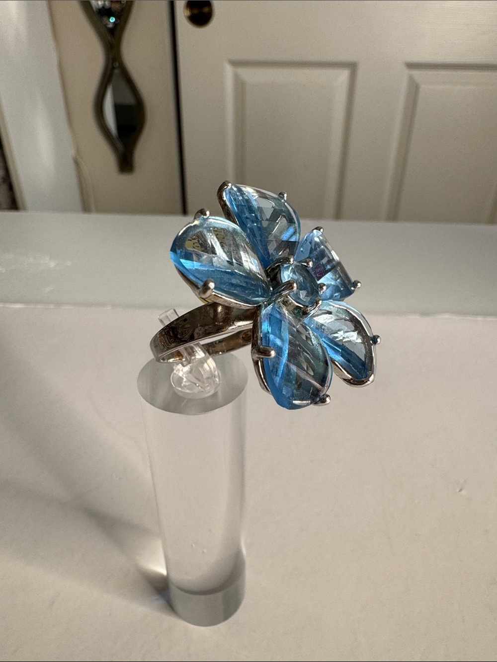 Silver Floral Ring with Blue Crystal Petals